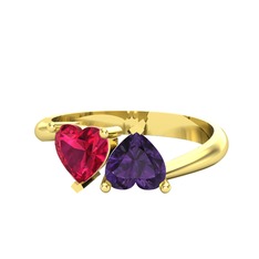 İkili Ena Kalp Yüzük - Rodolit garnet ve ametist 8 ayar altın yüzük #axnoed