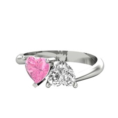 İkili Ena Kalp Yüzük - Pembe kuvars ve swarovski 14 ayar beyaz altın yüzük #bb5hkt