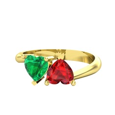 İkili Ena Kalp Yüzük - Yeşil kuvars ve garnet 18 ayar altın yüzük #bbwdpg