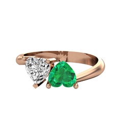İkili Ena Kalp Yüzük - Swarovski ve yeşil kuvars 8 ayar rose altın yüzük #bk6nue