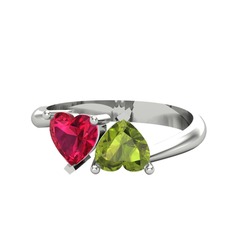 İkili Ena Kalp Yüzük - Rodolit garnet ve peridot 14 ayar beyaz altın yüzük #byrbr1