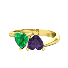 İkili Ena Kalp Yüzük - Yeşil kuvars ve ametist 18 ayar altın yüzük #g01nod