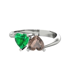 İkili Ena Kalp Yüzük - Yeşil kuvars ve dumanlı kuvars 18 ayar beyaz altın yüzük #g4mkdg