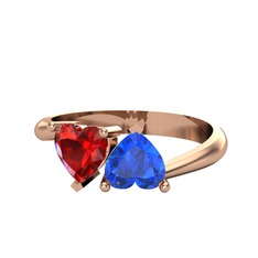 İkili Ena Kalp Yüzük - Garnet ve lab safir 14 ayar rose altın yüzük #hor5cm