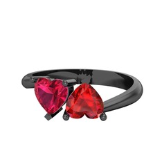 İkili Ena Kalp Yüzük - Rodolit garnet ve garnet 925 ayar siyah rodyum kaplama gümüş yüzük #i20td6