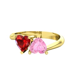 İkili Ena Kalp Yüzük - Garnet ve pembe kuvars 8 ayar altın yüzük #i4xaox