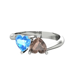İkili Ena Kalp Yüzük - Akuamarin ve dumanlı kuvars 14 ayar beyaz altın yüzük #idvz6e