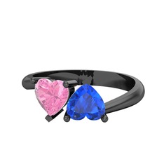 İkili Ena Kalp Yüzük - Pembe kuvars ve lab safir 925 ayar siyah rodyum kaplama gümüş yüzük #ijb3xm