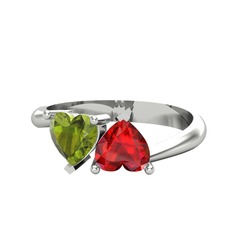 İkili Ena Kalp Yüzük - Peridot ve garnet 18 ayar beyaz altın yüzük #jpkf2h