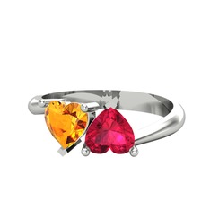 İkili Ena Kalp Yüzük - Sitrin ve rodolit garnet 14 ayar beyaz altın yüzük #kbjues