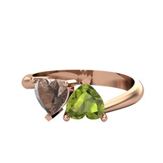 İkili Ena Kalp Yüzük - Dumanlı kuvars ve peridot 18 ayar rose altın yüzük #m4njsw