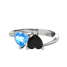 Akuamarin ve siyah zirkon 14 ayar beyaz altın yüzük