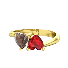 İkili Ena Kalp Yüzük - Dumanlı kuvars ve garnet 8 ayar altın yüzük #nrkaag