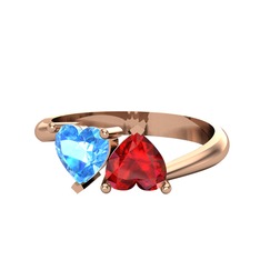 İkili Ena Kalp Yüzük - Akuamarin ve garnet 14 ayar rose altın yüzük #odgob3