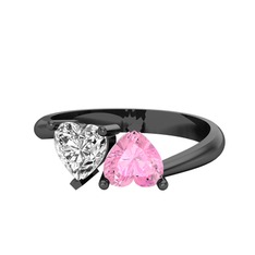 İkili Ena Kalp Yüzük - Beyaz zirkon ve pembe kuvars 925 ayar siyah rodyum kaplama gümüş yüzük #pw8uni