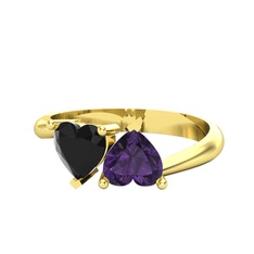 İkili Ena Kalp Yüzük - Siyah zirkon ve ametist 14 ayar altın yüzük #shmdbj