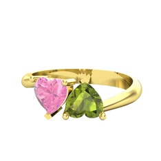 İkili Ena Kalp Yüzük - Pembe kuvars ve peridot 18 ayar altın yüzük #t18ebk