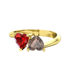 Garnet ve dumanlı kuvars 18 ayar altın yüzük