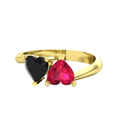 İkili Ena Kalp Yüzük - Siyah zirkon ve rodolit garnet 14 ayar altın yüzük #tk4p1c