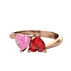 İkili Ena Kalp Yüzük - Pembe kuvars ve garnet 18 ayar rose altın yüzük #u5tsjk