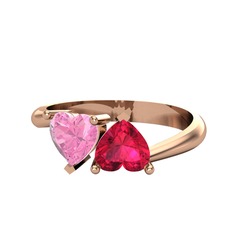 İkili Ena Kalp Yüzük - Pembe kuvars ve rodolit garnet 18 ayar rose altın yüzük #vlxod2