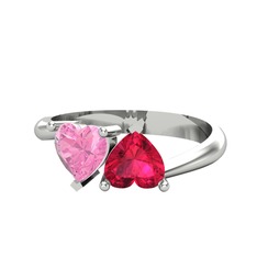 Pembe kuvars ve rodolit garnet 14 ayar beyaz altın yüzük