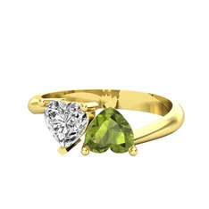 İkili Ena Kalp Yüzük - Beyaz zirkon ve peridot 8 ayar altın yüzük #z756at
