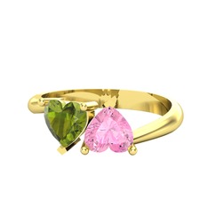 İkili Ena Kalp Yüzük - Peridot ve pembe kuvars 8 ayar altın yüzük #z7cnkq