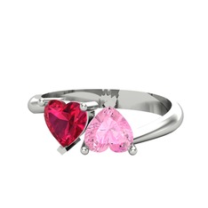 Rodolit garnet ve pembe kuvars 14 ayar beyaz altın yüzük