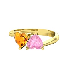 İkili Ena Kalp Yüzük - Sitrin ve pembe kuvars 18 ayar altın yüzük #zntpi