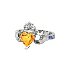 Kalp Claddagh Yüzük - Sitrin ve lab safir 14 ayar beyaz altın yüzük #10hs30c