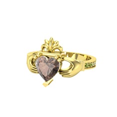 Kalp Claddagh Yüzük - Dumanlı kuvars ve peridot 18 ayar altın yüzük #10vh0gb