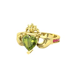 Kalp Claddagh Yüzük - Peridot ve rodolit garnet 14 ayar altın yüzük #1382eht