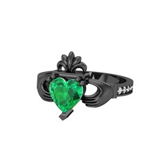 Kalp Claddagh Yüzük - Yeşil kuvars ve swarovski 925 ayar siyah rodyum kaplama gümüş yüzük #14ims3m