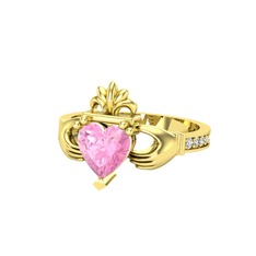 Kalp Claddagh Yüzük - Pembe kuvars ve beyaz zirkon 18 ayar altın yüzük #17uagsu