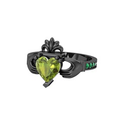 Kalp Claddagh Yüzük - Peridot ve yeşil kuvars 925 ayar siyah rodyum kaplama gümüş yüzük #1863xxr