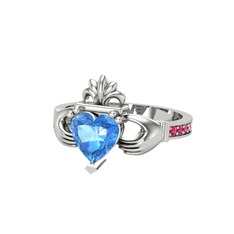 Kalp Claddagh Yüzük - Akuamarin ve rodolit garnet 8 ayar beyaz altın yüzük #18ub23t