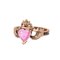 Kalp Claddagh Yüzük - Pembe kuvars ve siyah zirkon 14 ayar rose altın yüzük #1bfmlha