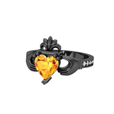 Kalp Claddagh Yüzük - Sitrin ve beyaz zirkon 925 ayar siyah rodyum kaplama gümüş yüzük #1brkcgx