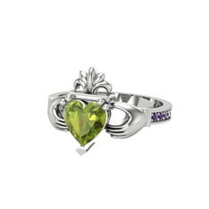 Kalp Claddagh Yüzük - Peridot ve ametist 8 ayar beyaz altın yüzük #1cl3omf