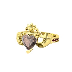 Kalp Claddagh Yüzük - Dumanlı kuvars ve kök yakut 8 ayar altın yüzük #1cugftx