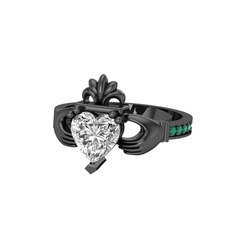 Kalp Claddagh Yüzük - Swarovski ve kök zümrüt 925 ayar siyah rodyum kaplama gümüş yüzük #1dlxdqr