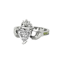 Kalp Claddagh Yüzük - Beyaz zirkon ve peridot 14 ayar beyaz altın yüzük #1jt6j8x
