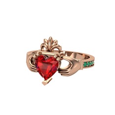 Kalp Claddagh Yüzük - Garnet ve kök zümrüt 14 ayar rose altın yüzük #1k48wp6