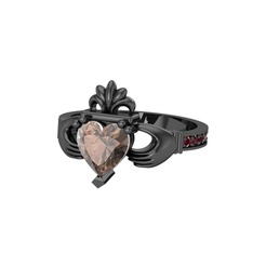Kalp Claddagh Yüzük - Dumanlı kuvars ve kök yakut 925 ayar siyah rodyum kaplama gümüş yüzük #1kpupz2