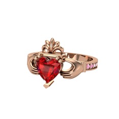 Kalp Claddagh Yüzük - Garnet ve pembe kuvars 8 ayar rose altın yüzük #1mf540z