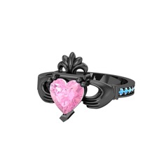 Kalp Claddagh Yüzük - Pembe kuvars ve akuamarin 925 ayar siyah rodyum kaplama gümüş yüzük #1n2ukz7