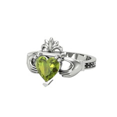 Kalp Claddagh Yüzük - Peridot ve siyah zirkon 18 ayar beyaz altın yüzük #1o57x45