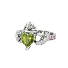 Kalp Claddagh Yüzük - Peridot ve pembe kuvars 8 ayar beyaz altın yüzük #1q8983c