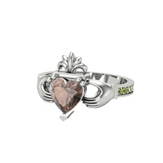 Kalp Claddagh Yüzük - Dumanlı kuvars ve peridot 18 ayar beyaz altın yüzük #1qh0u2z